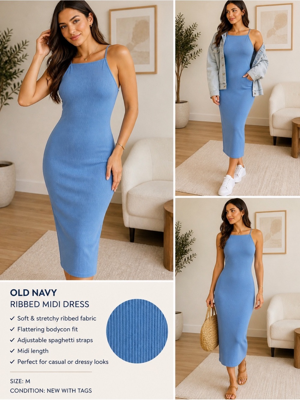 Old Navy Light Blue Ribbed Midi Dress with Spaghetti Straps